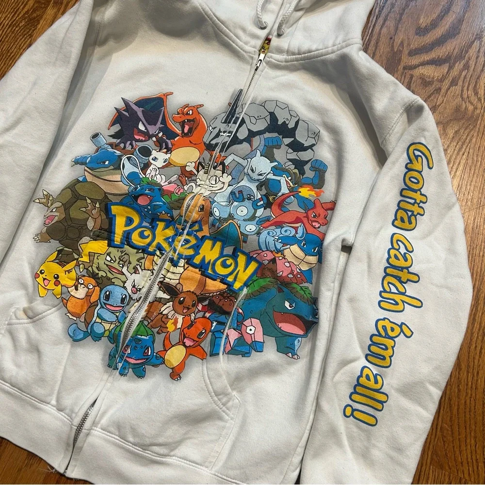 Rare Vintage Pokemon Full Zip Hoodie 2008 Anime Kanto Sz Small White Pikachu - Picture 2 of 8